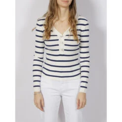Pull Maille Rib Rayé Bouton Blanc Bleu Femme - Salsa