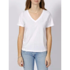 T-shirt Smooth Col V Blanc Femme - Calvin Klein